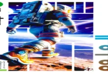 Astronaut in a bright space suit stepping on a rocky red planet, with a blue geometric collage background and text elements on the sides.