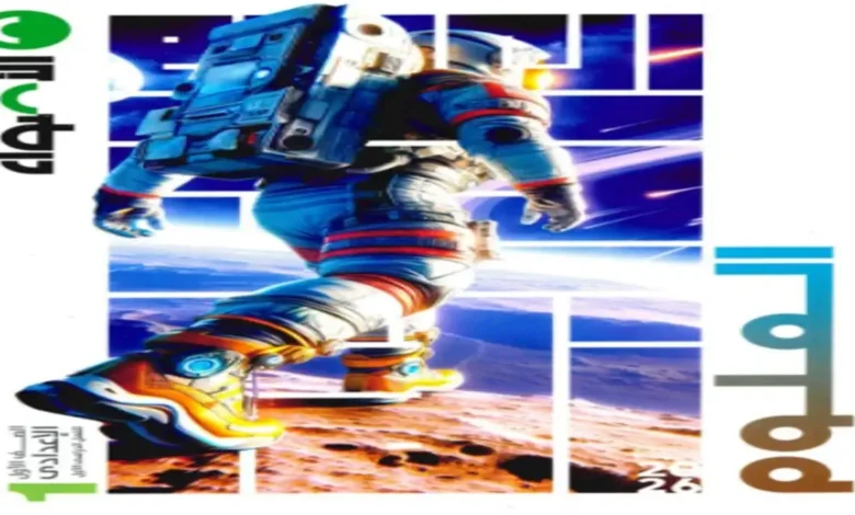 Astronaut in a bright space suit stepping on a rocky red planet, with a blue geometric collage background and text elements on the sides.